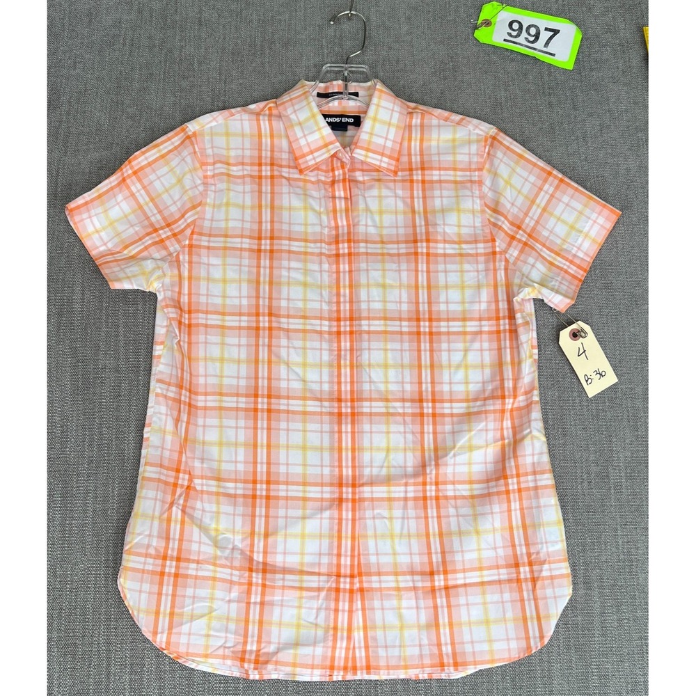 Lands' End Shirt Top Womens 4 Orange Yellow Plaid Short Sleeve No Iron Supima